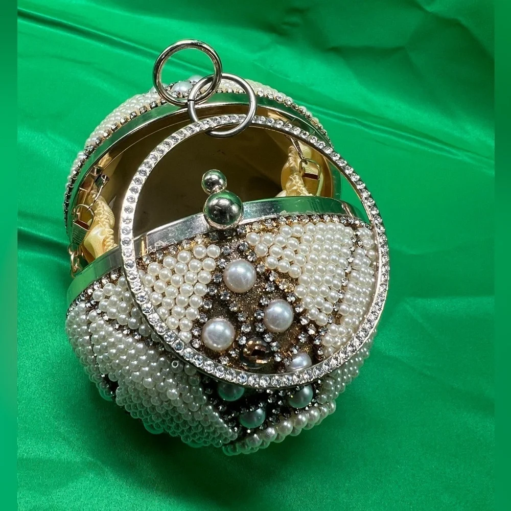 Unique Round beaded: Evening Clutch, wedding wristlet with long gold chain